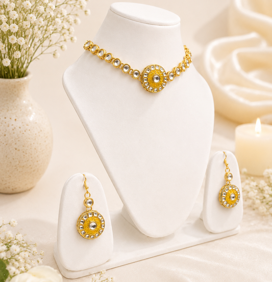 Gold Plated Kundan Necklace Set with Yellow Pendant