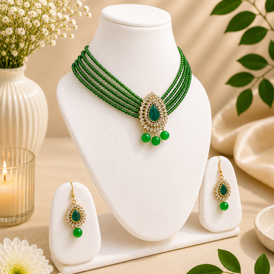 Green Beaded Kundan Necklace Set