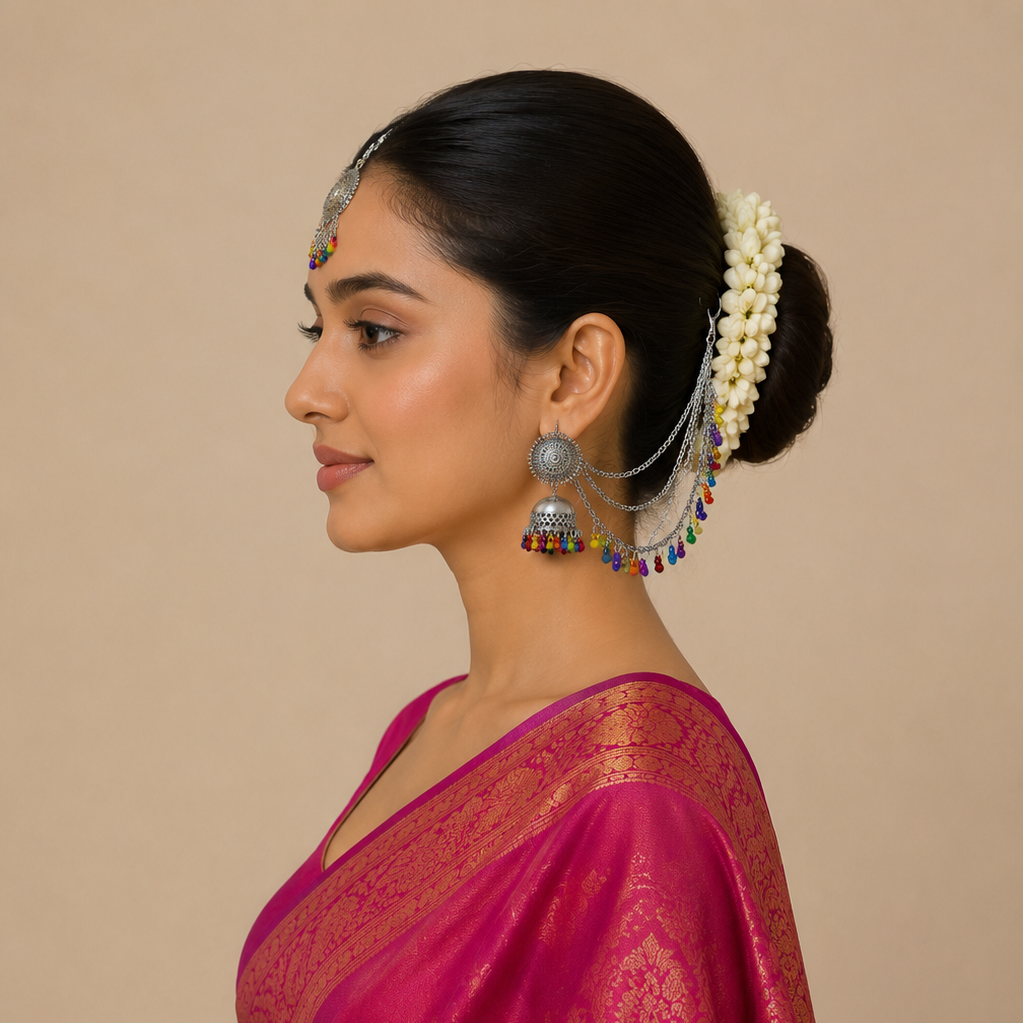 Oxidised Jhumka Ear Chain Set with Maang Tikka