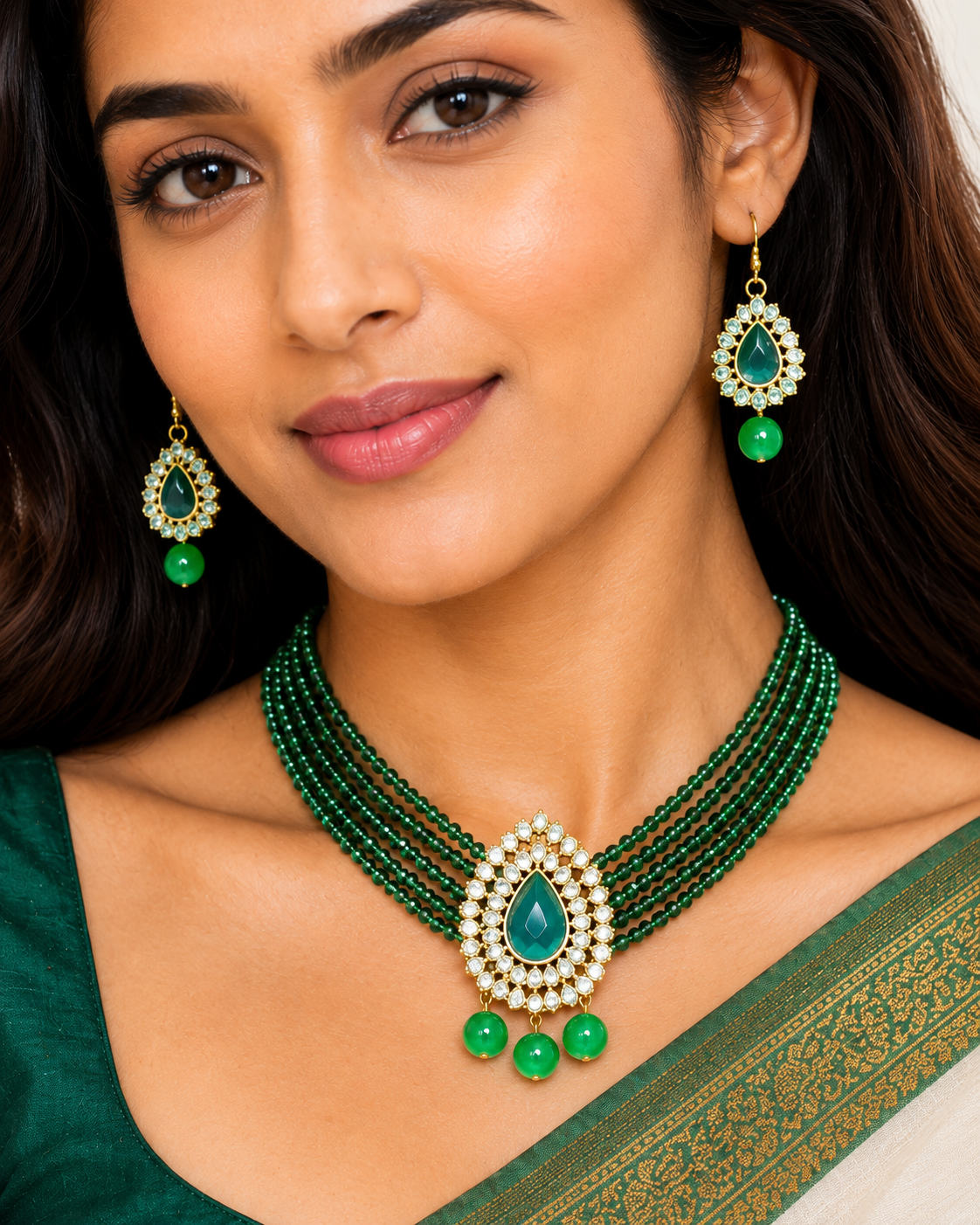 Green Beaded Kundan Necklace Set