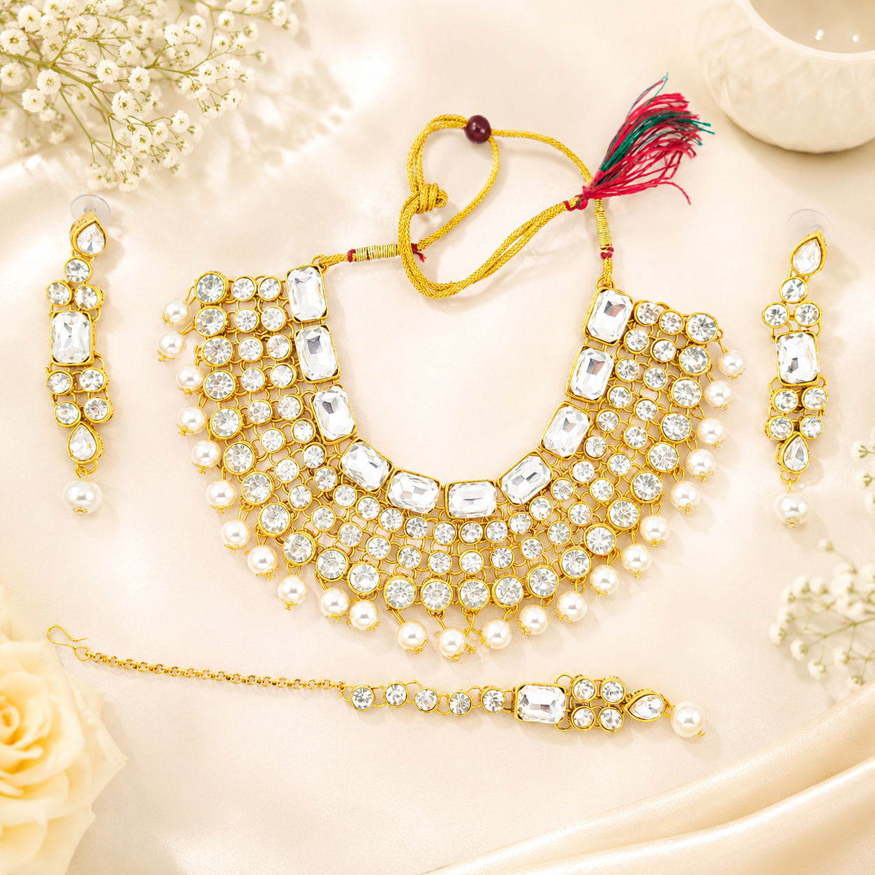 Kundan Pearl Choker Necklace Set with Earrings and Maang Tikka