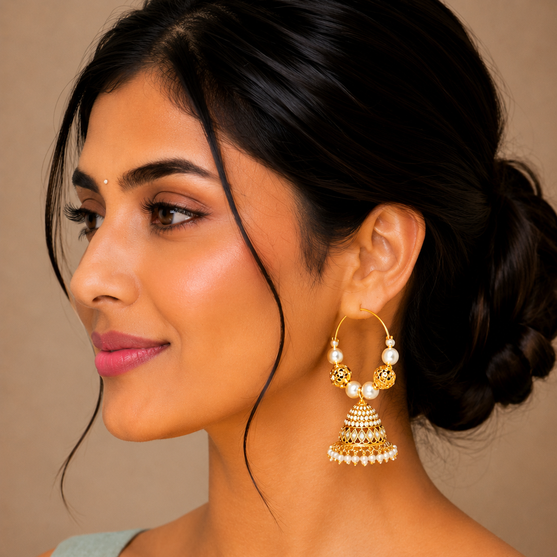 Gold Plated Pearl Jhumka Earrings