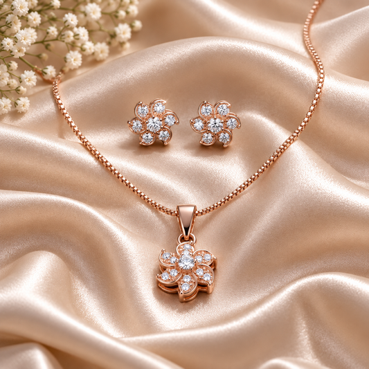 18K Gold Plated Floral CZ Pendant Set
