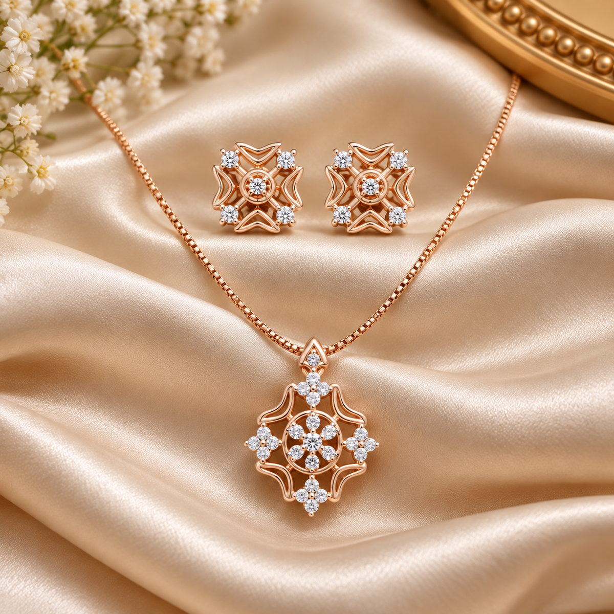 Rose gold jewelry set featuring a pendant necklace and matching stud earrings, decorated with clear crystals, displayed on a draped champagne satin fabric with small white flowers.