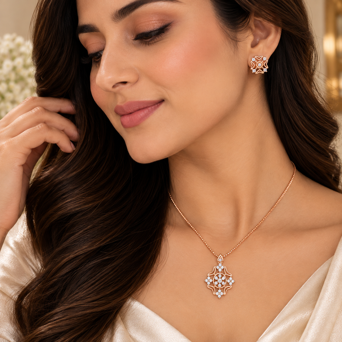 A woman wearing a rose gold necklace with a floral pendant and matching stud earring, shown in a close-up portrait.