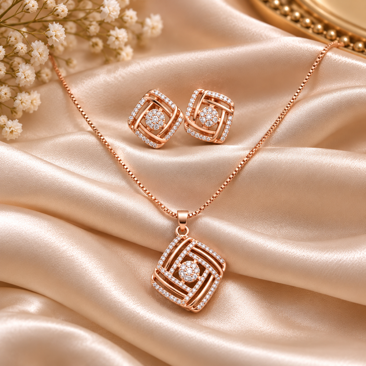 Rose gold jewelry set featuring a necklace and matching earrings with geometric square designs set with clear stones, displayed on draped champagne satin fabric with small white flowers.