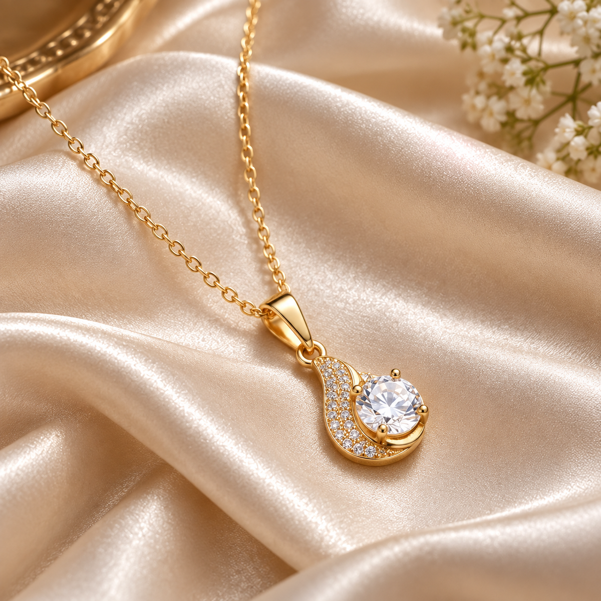A gold pendant necklace with a crescent moon and central round clear gemstone, styled on draped champagne satin fabric with small white flowers in the corner.