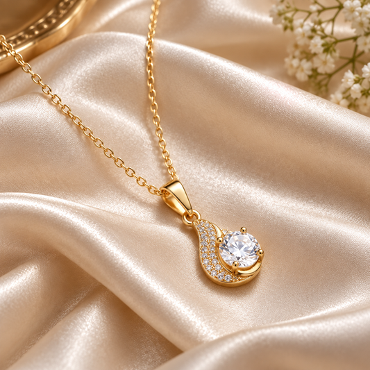 A gold pendant necklace with a crescent moon and central round clear gemstone, styled on draped champagne satin fabric with small white flowers in the corner.