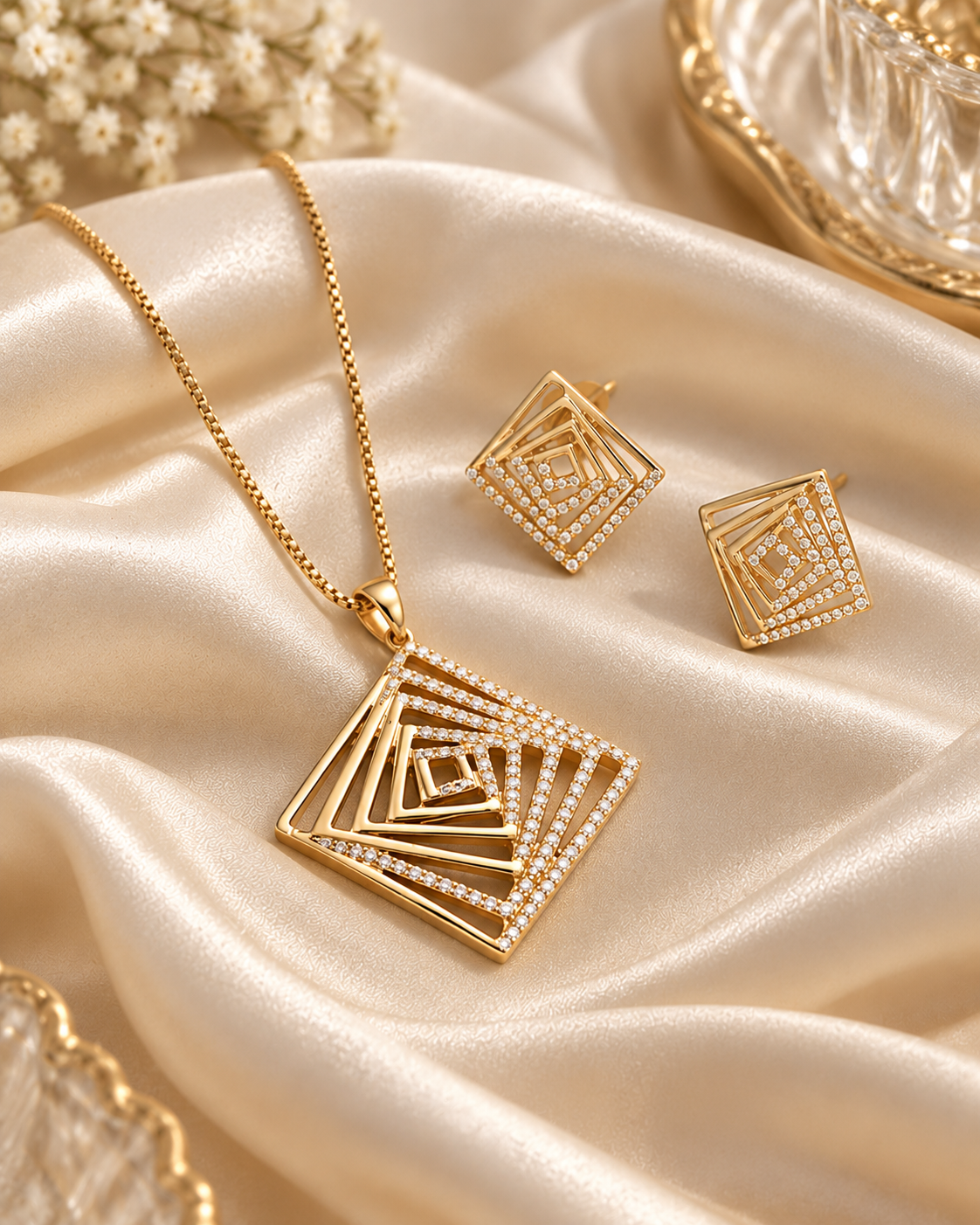 Gold jewelry set featuring a necklace and matching earrings with nested square geometric designs and clear rhinestone accents, displayed on draped champagne satin fabric.