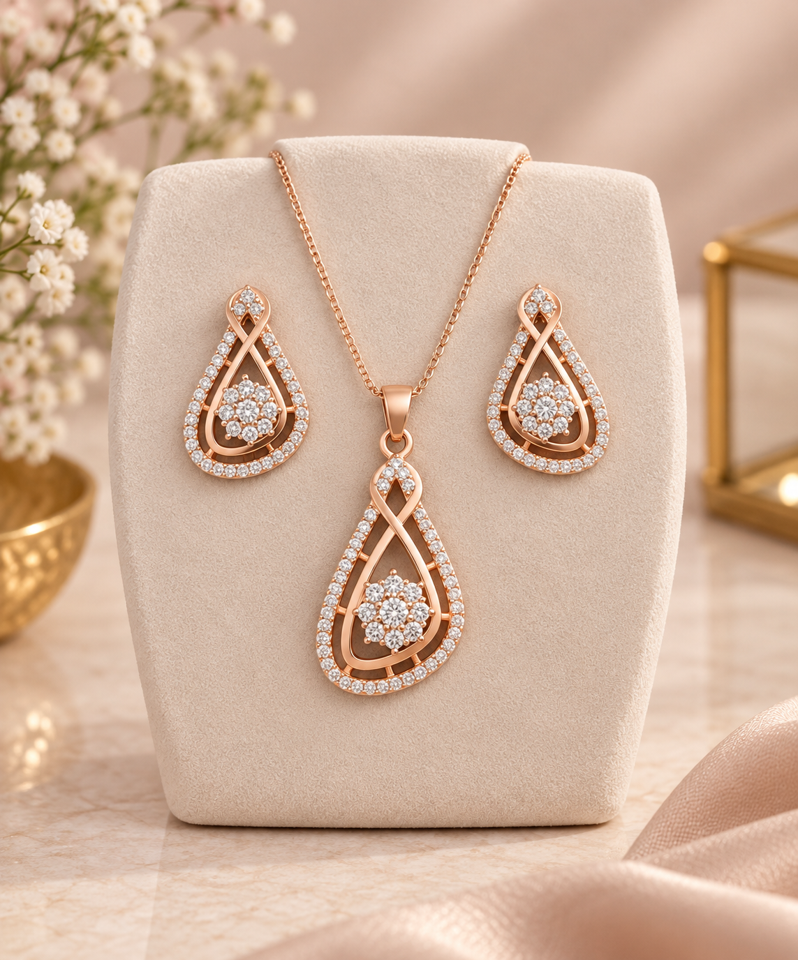 Rose gold jewelry set with a teardrop pendant necklace and matching drop earrings, displayed on a beige jewelry stand. The jewelry features intricate rose gold filigree and clear pavé-set stones.