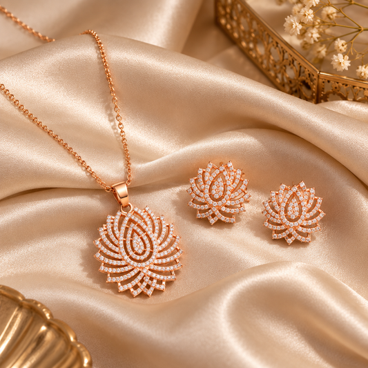 18K Rose Gold Plated Lotus CZ Pendant Set