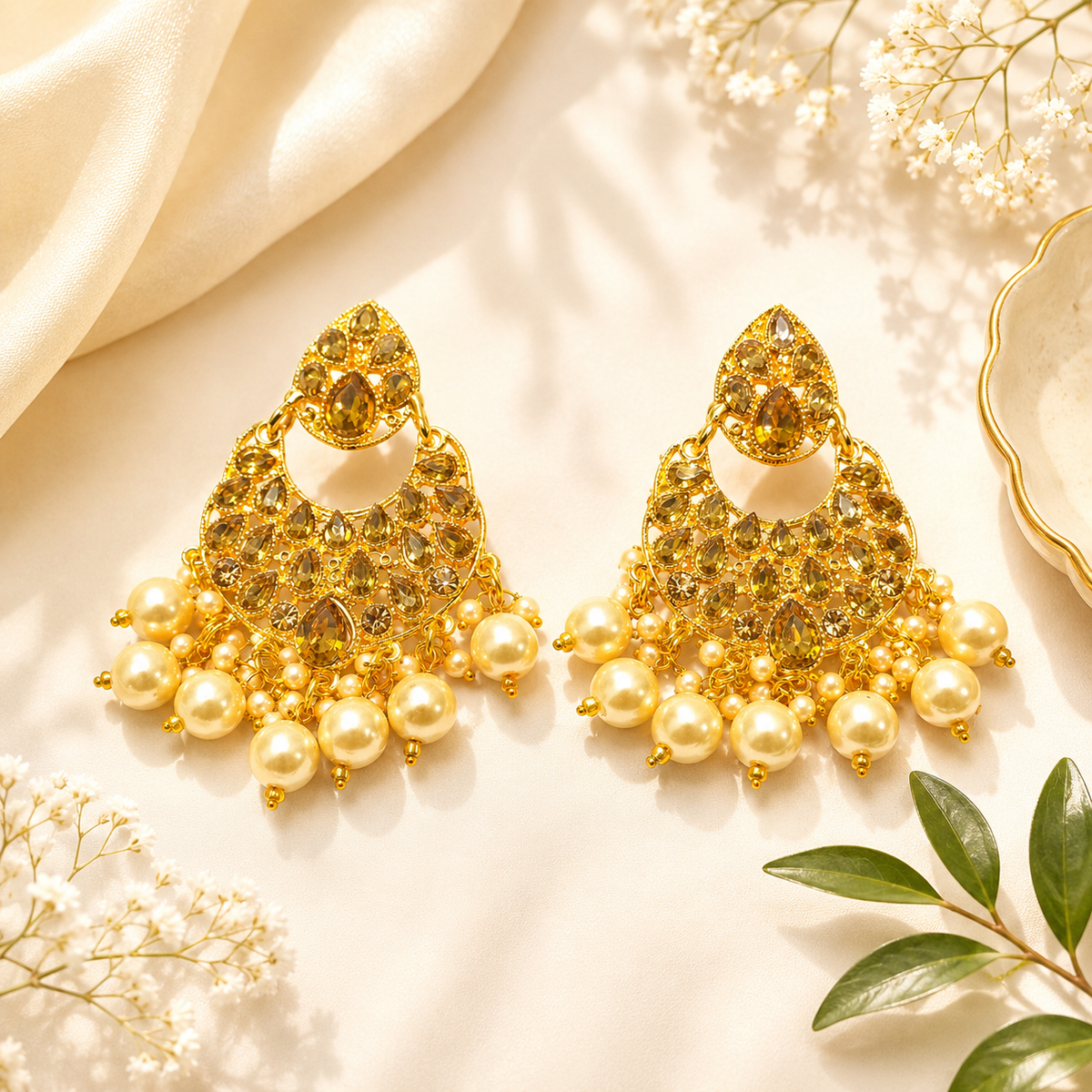 A pair of ornate gold-toned statement earrings with clear rhinestones and rows of cream pearl-like beads, arranged on a warm cream fabric with decorative dried flowers and green leaves.