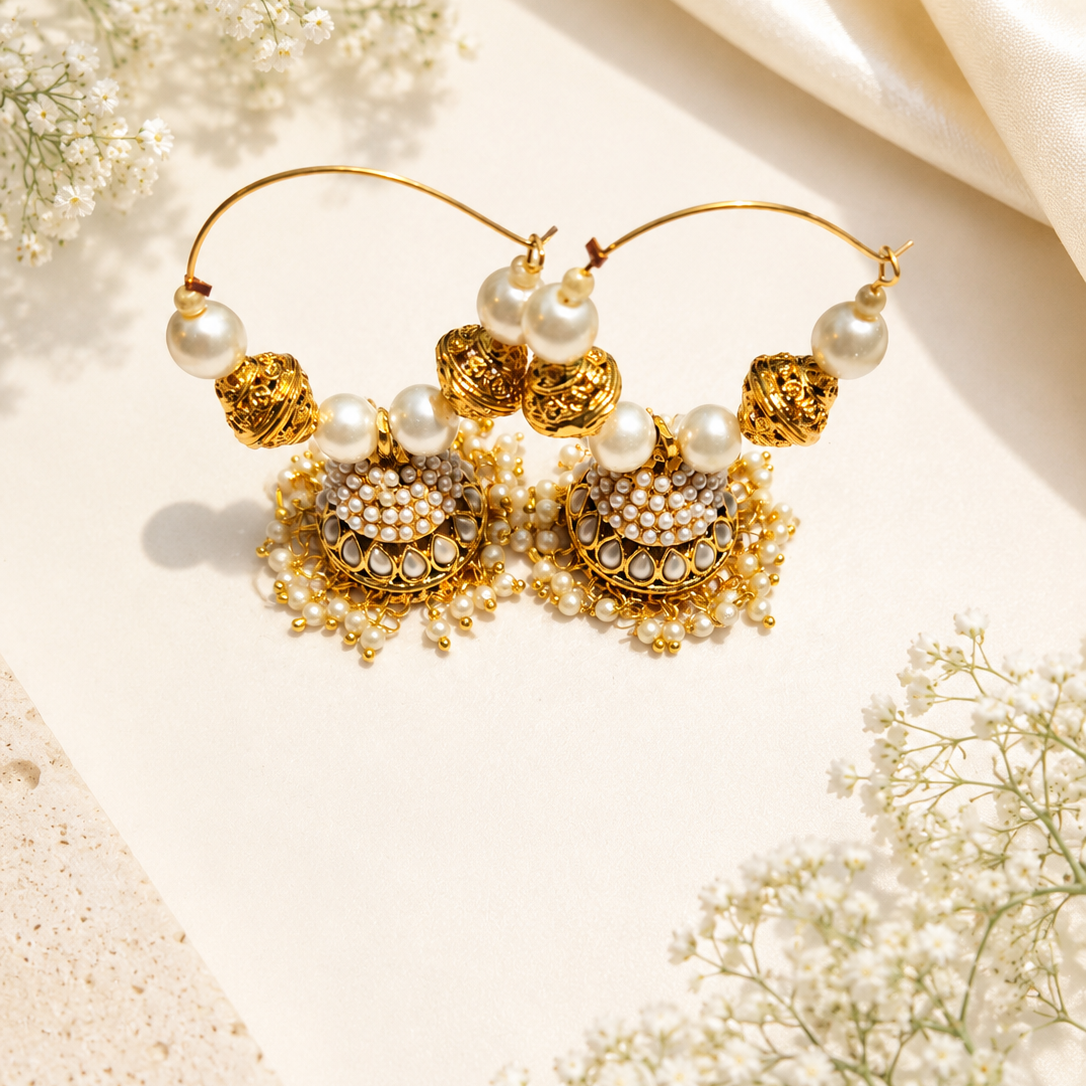 Gold Plated Pearl Jhumka Earrings