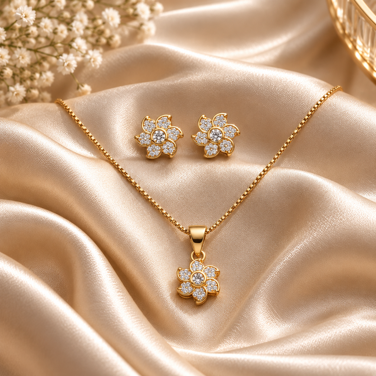 Gold flower-shaped pendant necklace and matching stud earrings with clear stones, arranged on draped champagne satin fabric with small white flowers in the corner.