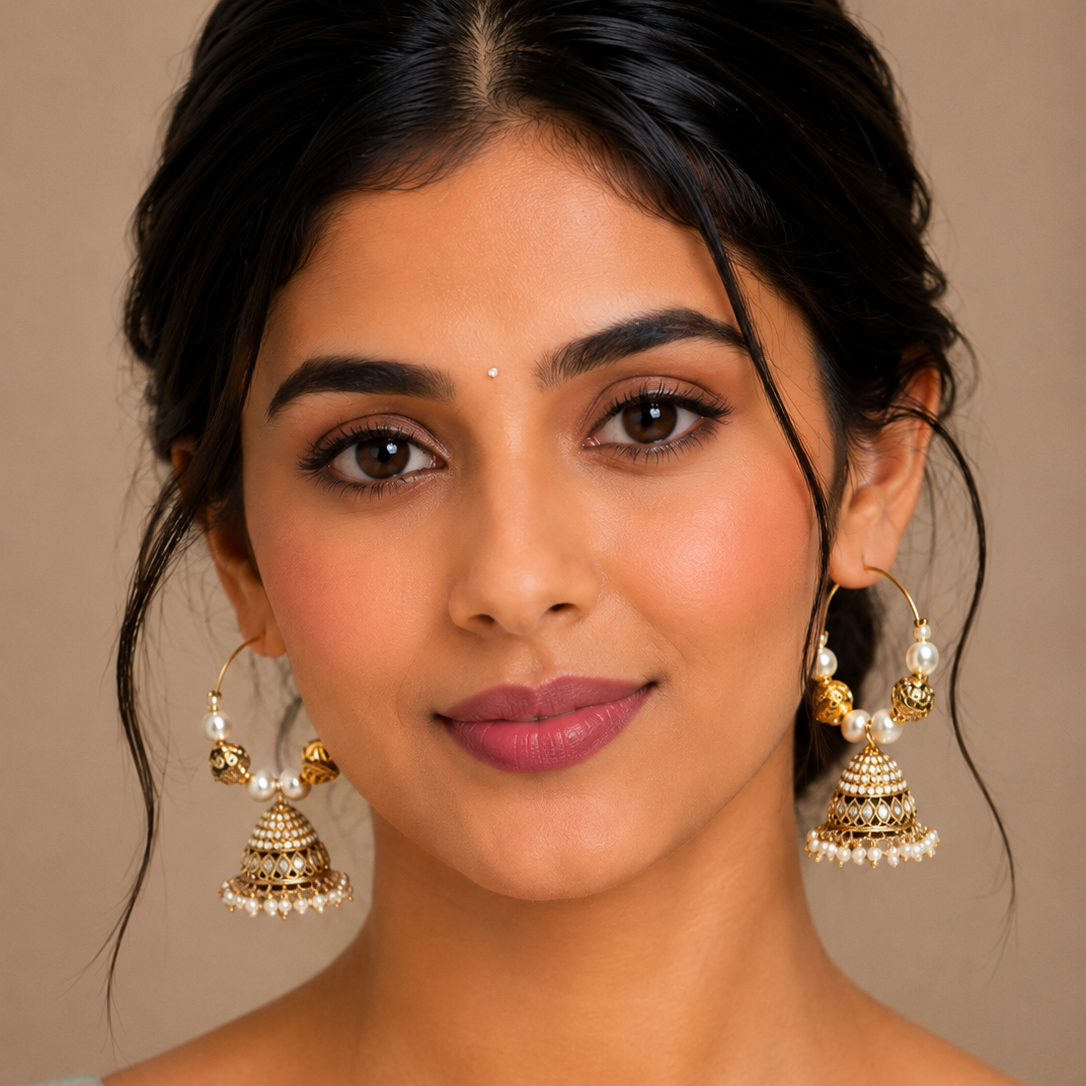 Gold Plated Pearl Jhumka Earrings
