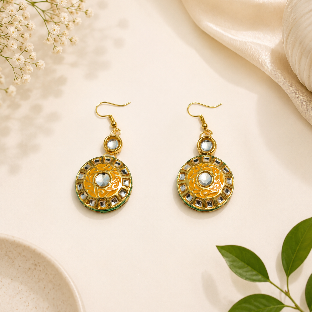 Gold Plated Kundan Necklace Set with Yellow Pendant
