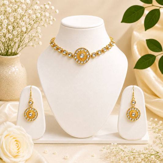 Gold Plated Kundan Necklace Set with Yellow Pendant
