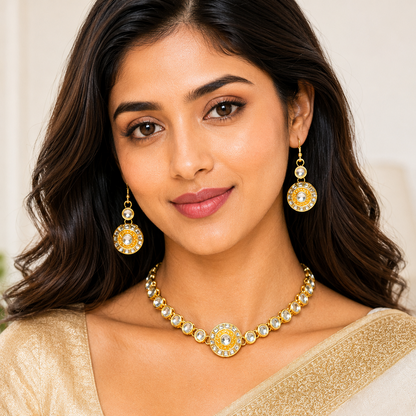 Gold Plated Kundan Necklace Set with Yellow Pendant