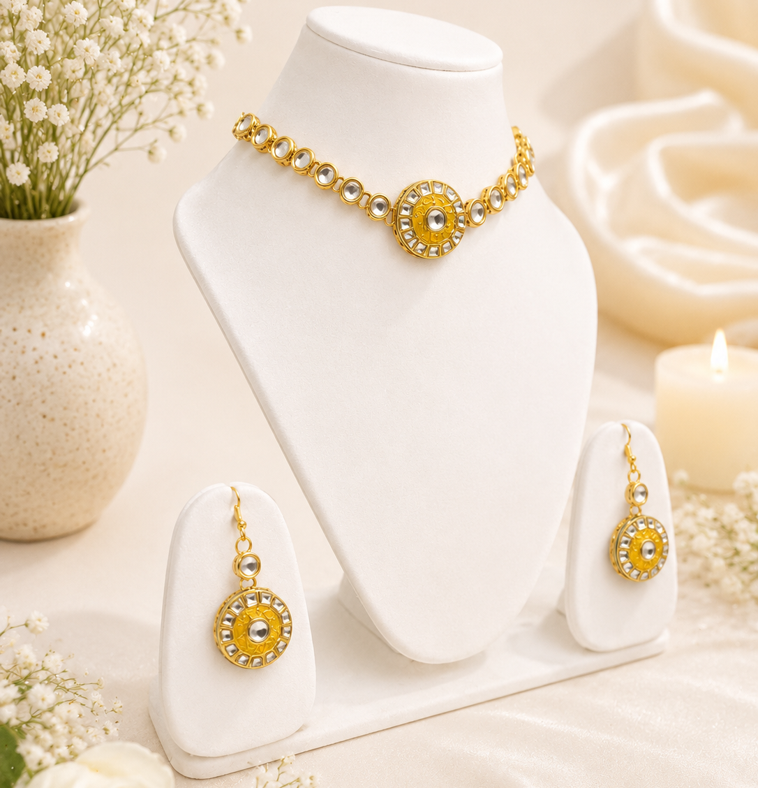 Gold Plated Kundan Necklace Set with Yellow Pendant