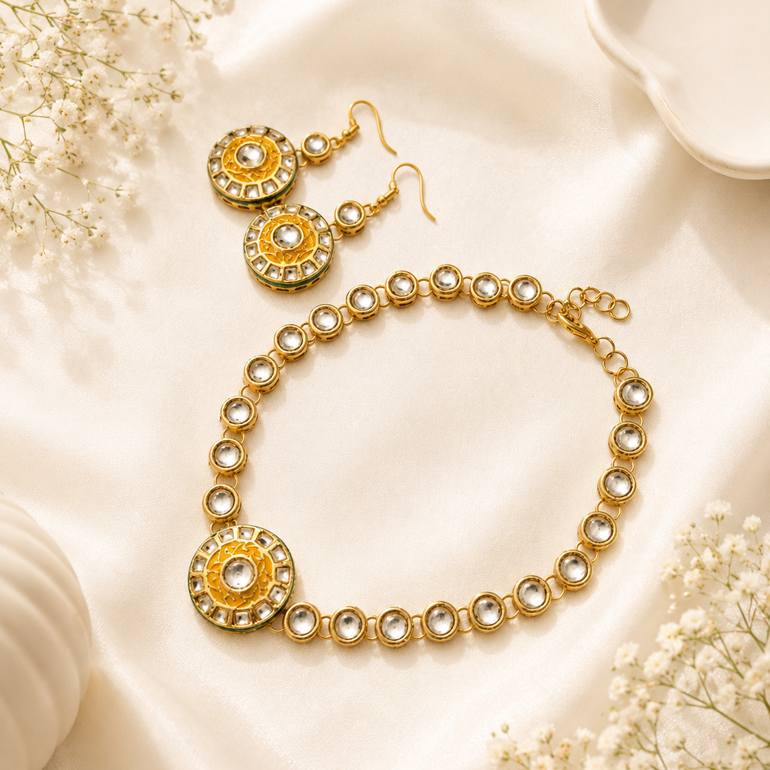 Gold Plated Kundan Necklace Set with Yellow Pendant