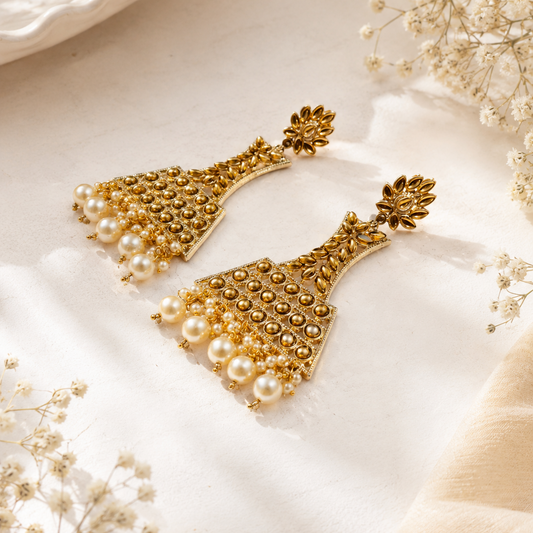A pair of gold-toned statement earrings with floral tops, beaded geometric drops, and dangling pearl-like beads, arranged on a soft cream fabric with dried floral props.