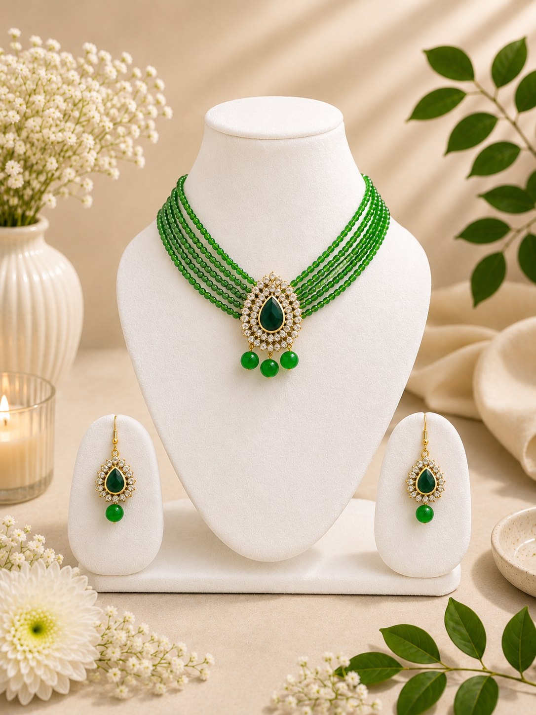 Green beaded necklace and matching drop earrings displayed on a white jewelry bust, with decorative flowers, leaves, and a candle in a warm neutral setting.