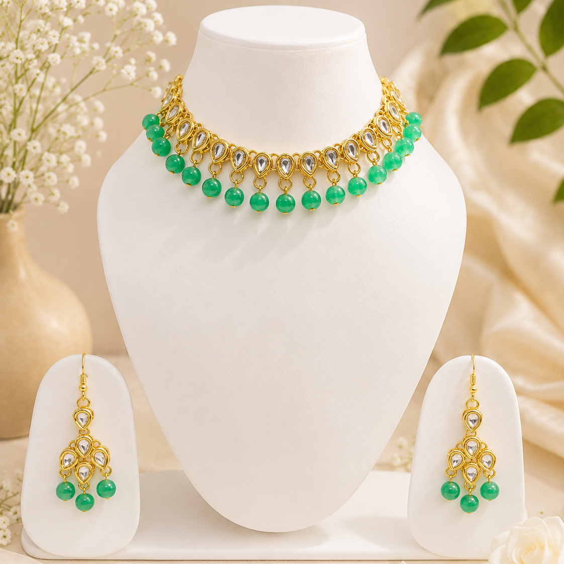 Green Kundan Choker Necklace Set with Earrings