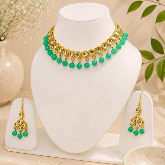 Green Kundan Choker Necklace Set with Earrings