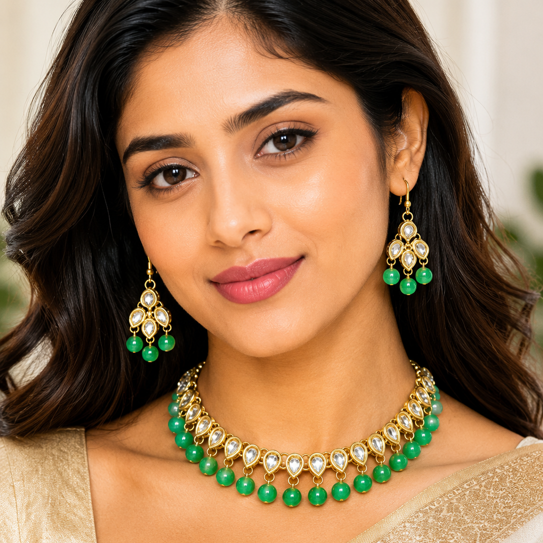 Green Kundan Choker Necklace Set with Earrings