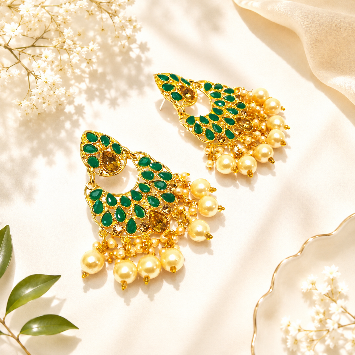 A pair of ornate gold-toned statement earrings decorated with green teardrop-shaped stones and dangling cream pearl-like beads, arranged on a warm off-white surface with soft fabric and floral props.