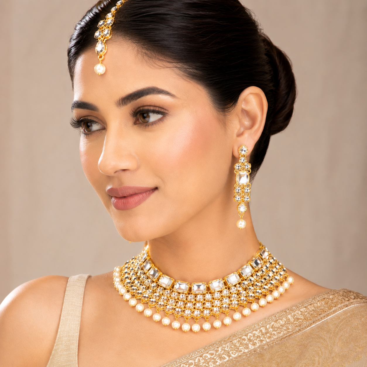 A woman wearing an ornate gold jewelry set featuring a pearl and crystal choker necklace, matching drop earrings, and a forehead maang tikka, styled with a beige saree against a neutral beige background.