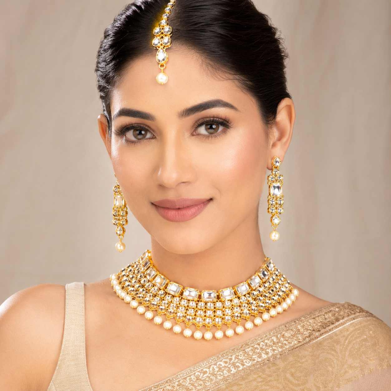 A woman modeling traditional Indian jewelry, featuring a gold-plated necklace with white faux pearls and clear stones, matching drop earrings, and a gold headpiece (maithra) with pearl accents, set against a neutral beige background.