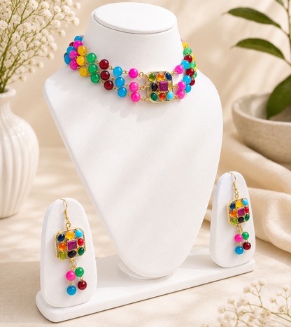 Multicolor Beaded Necklace Set with Earrings