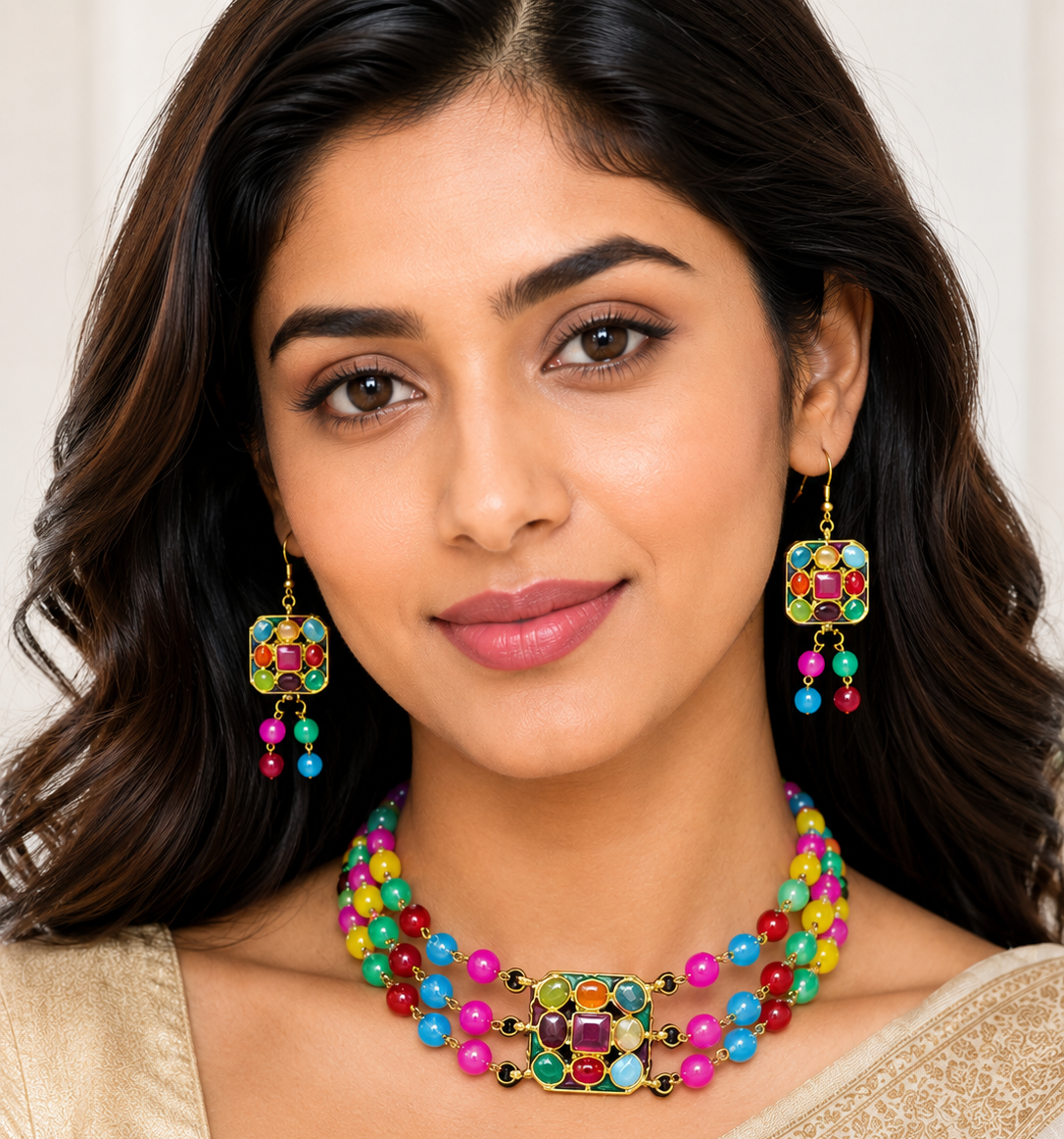 Multicolor Beaded Necklace Set with Earrings