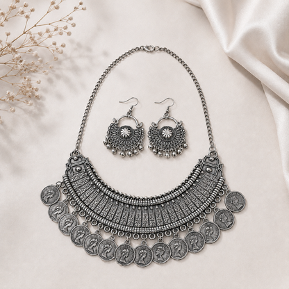 Oxidised Coin Necklace Set with Earrings