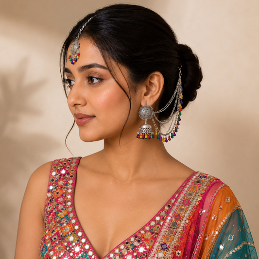 Oxidised Jhumka Ear Chain Set with Maang Tikka