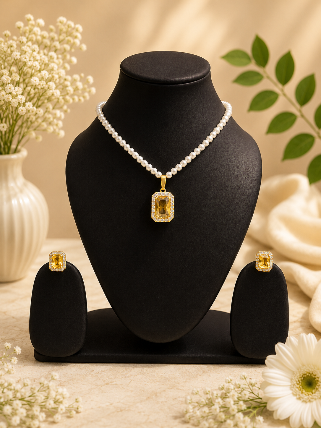 A jewelry set displayed on a black mannequin bust, featuring a pearl necklace with a rectangular yellow gemstone pendant, matching yellow gemstone stud earrings, and two black display stands. The scene is styled with white flowers and green leaves against a warm beige background.
