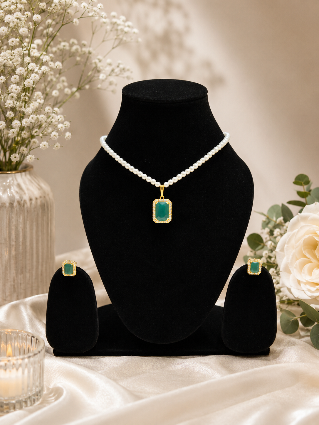 A jewelry set displayed on a black velvet mannequin bust, featuring a pearl necklace with a rectangular green stone pendant, matching green stone stud earrings, and a small matching box, styled with white flowers and a candle on a beige satin surface.