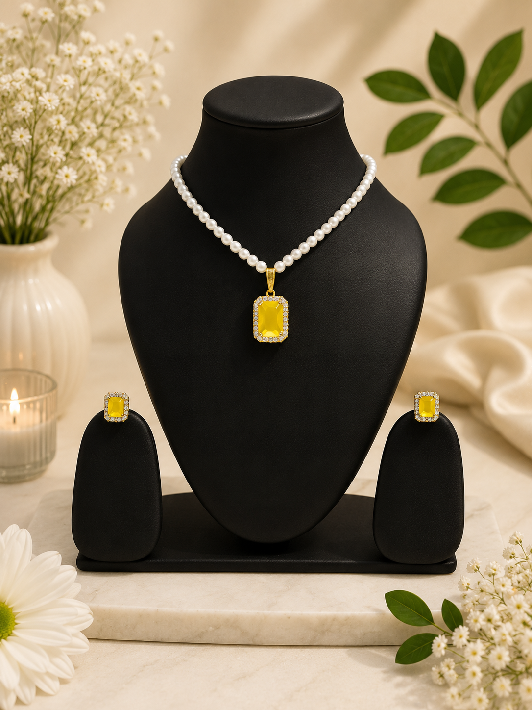 A jewelry set displayed on a black mannequin bust, featuring a pearl-bead necklace with a rectangular yellow gemstone pendant, matching yellow gemstone stud earrings, and a black jewelry box. The set is styled with white flowers, green leaves, and a lit candle on a beige background.