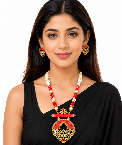 Red Beaded Kundan Necklace Set