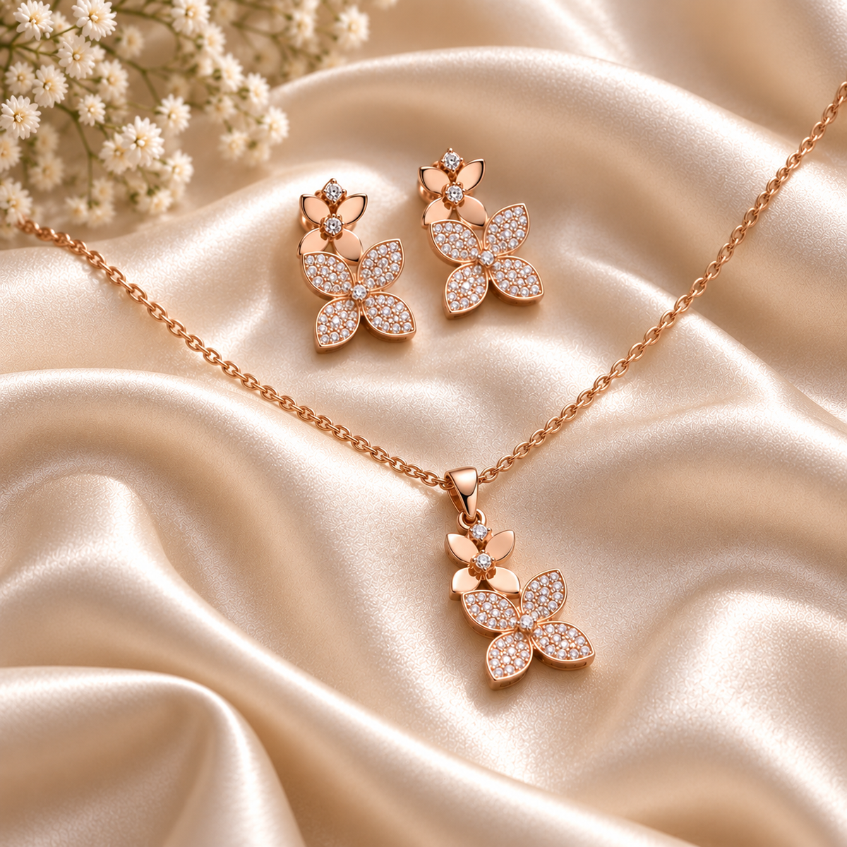 Rose gold jewelry set featuring a necklace and matching earrings with butterfly-shaped pendants and floral tops, set on draped champagne satin fabric with small white flowers in the corner.