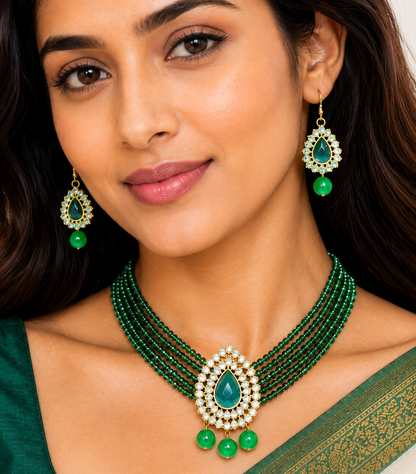 Green Beaded Kundan Necklace Set
