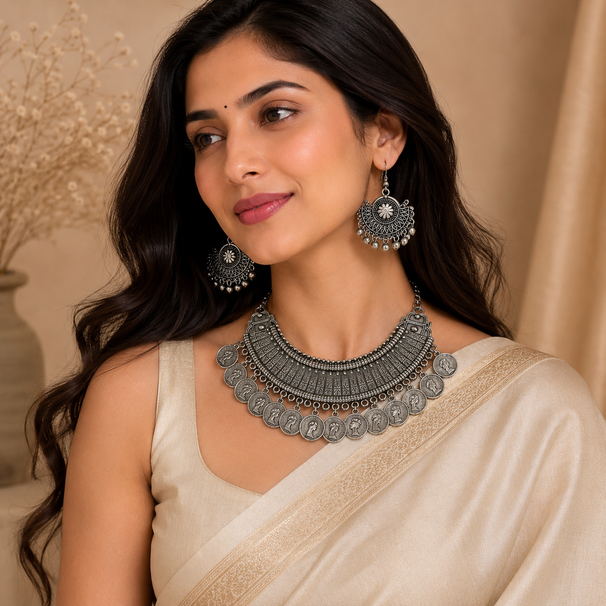 A woman wearing a detailed silver-toned filigree necklace and matching drop earrings, styled with a cream-colored sari against a warm beige background.