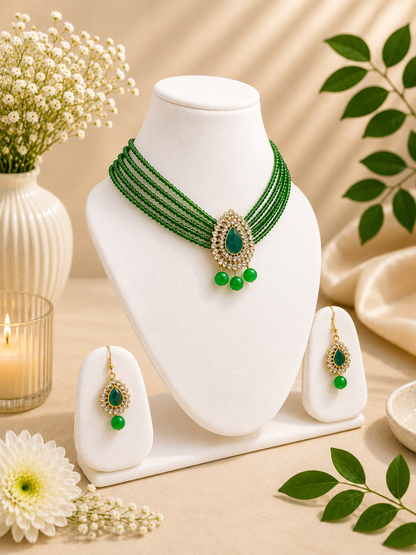 Green Beaded Kundan Necklace Set