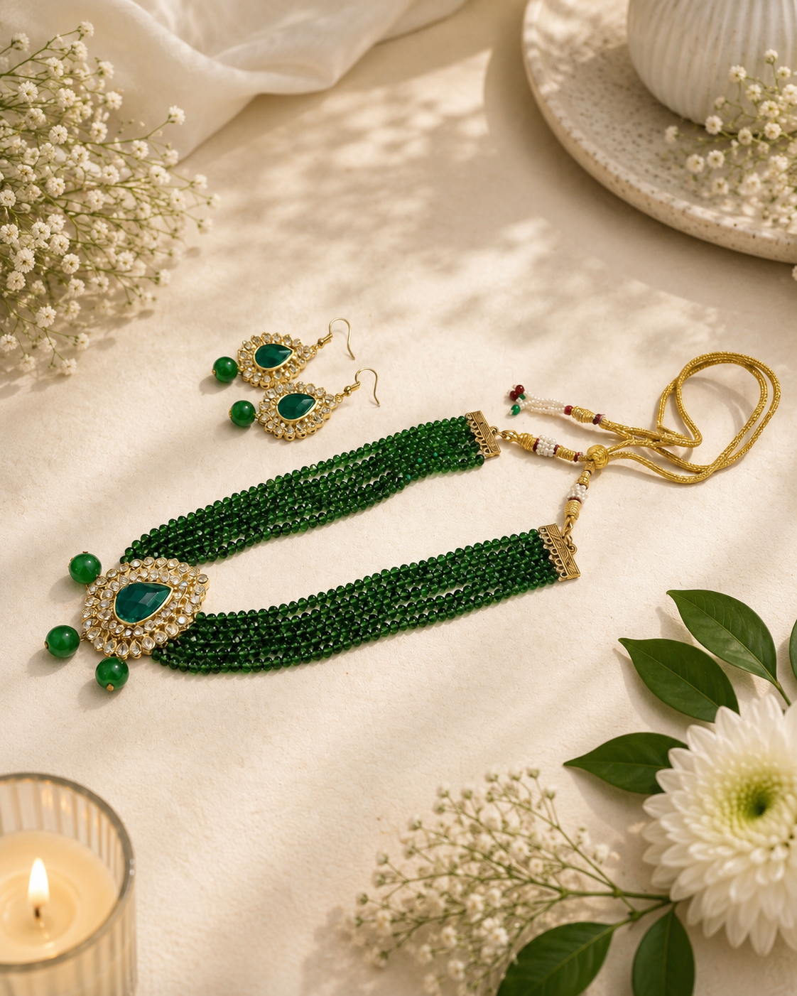 Green Beaded Kundan Necklace Set