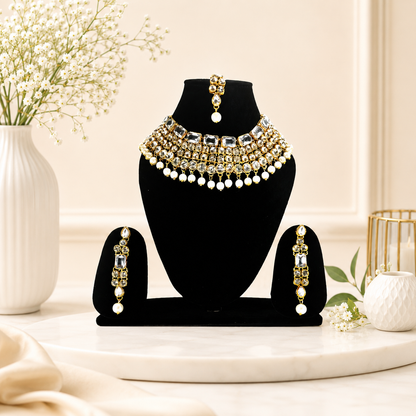 Kundan Pearl Choker Necklace Set with Earrings and Maang Tikka