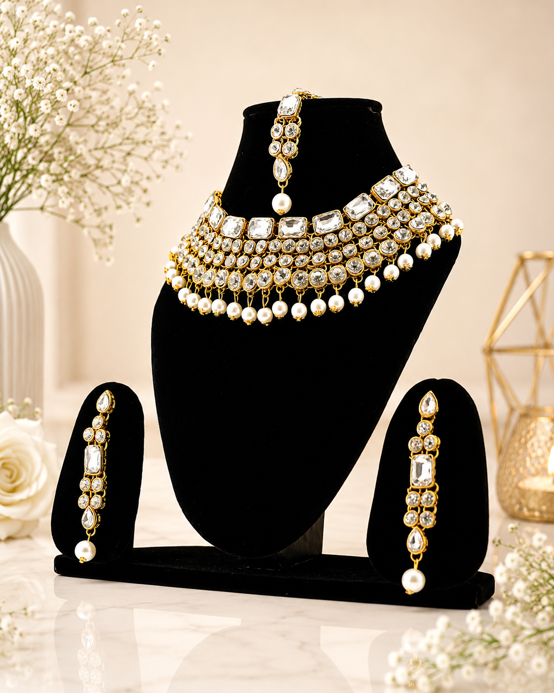 Kundan Pearl Choker Necklace Set with Earrings and Maang Tikka
