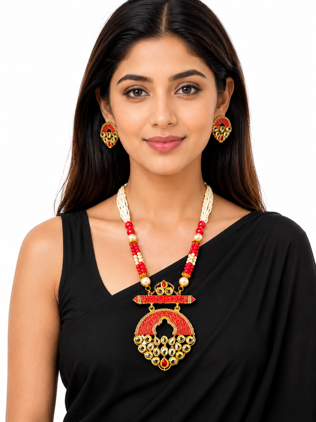 Red Beaded Kundan Necklace Set