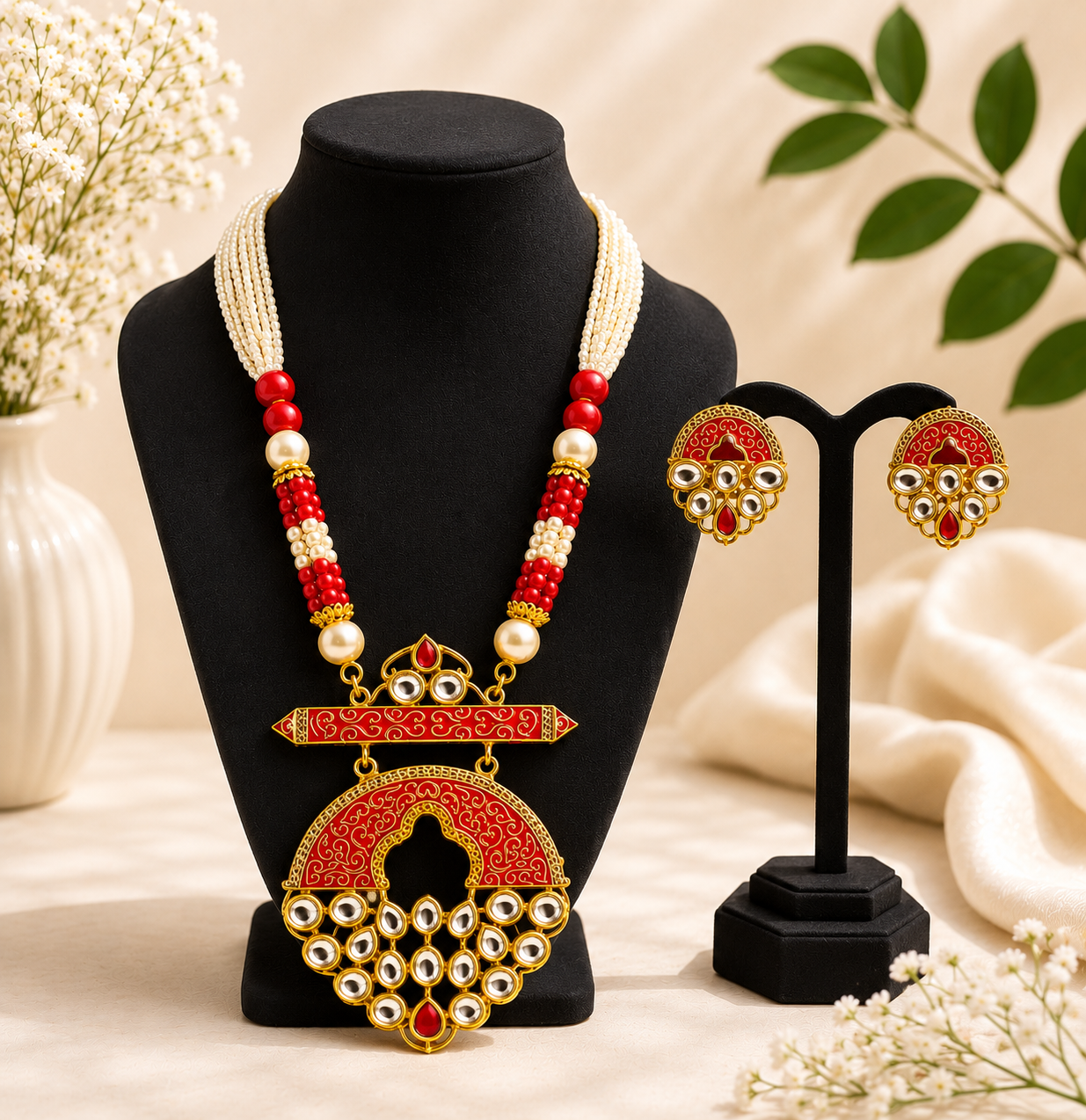 Red Beaded Kundan Necklace Set