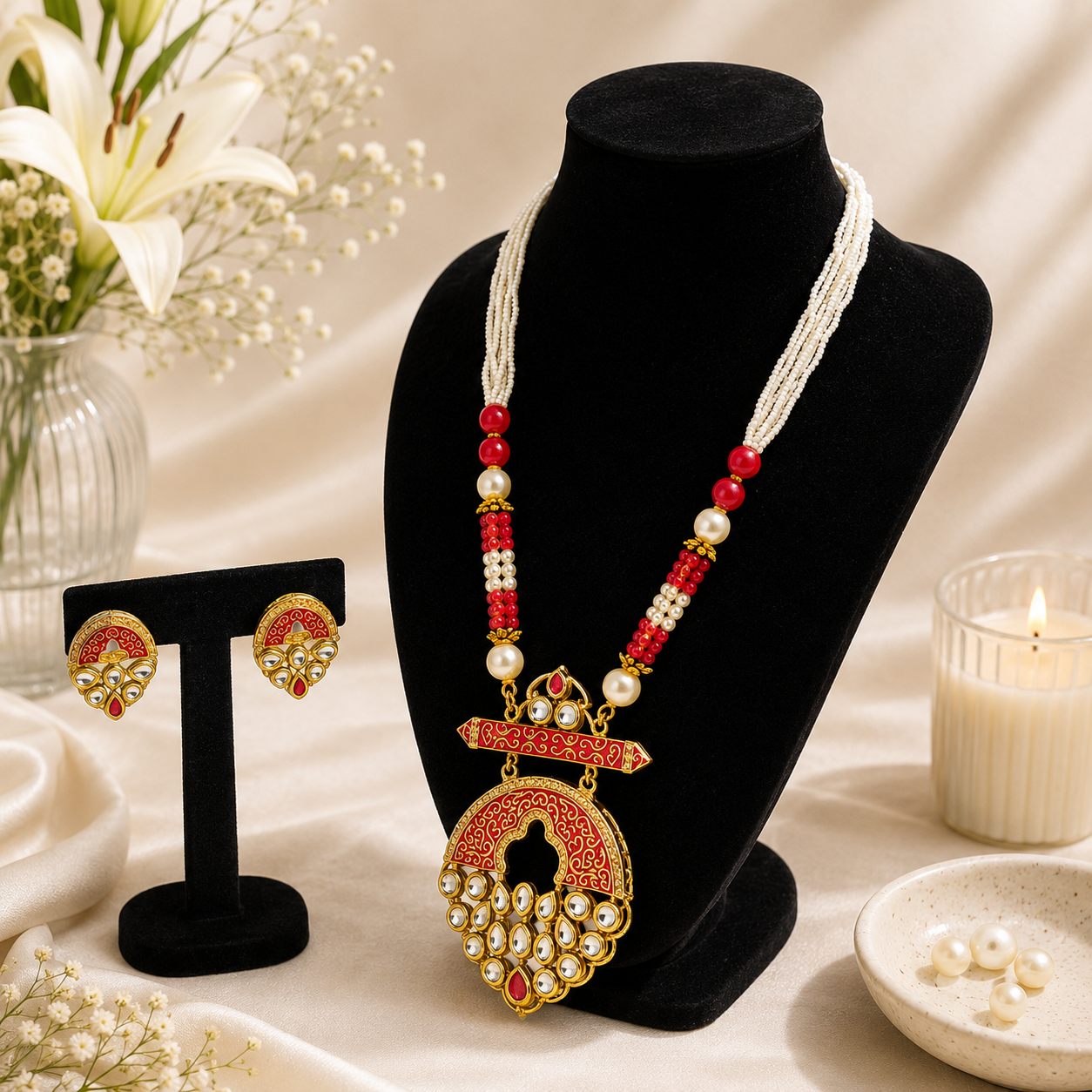 Red Beaded Kundan Necklace Set